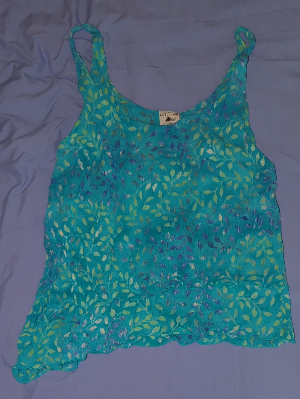 Teal Leaf-Print Tank Top Asymmetrical